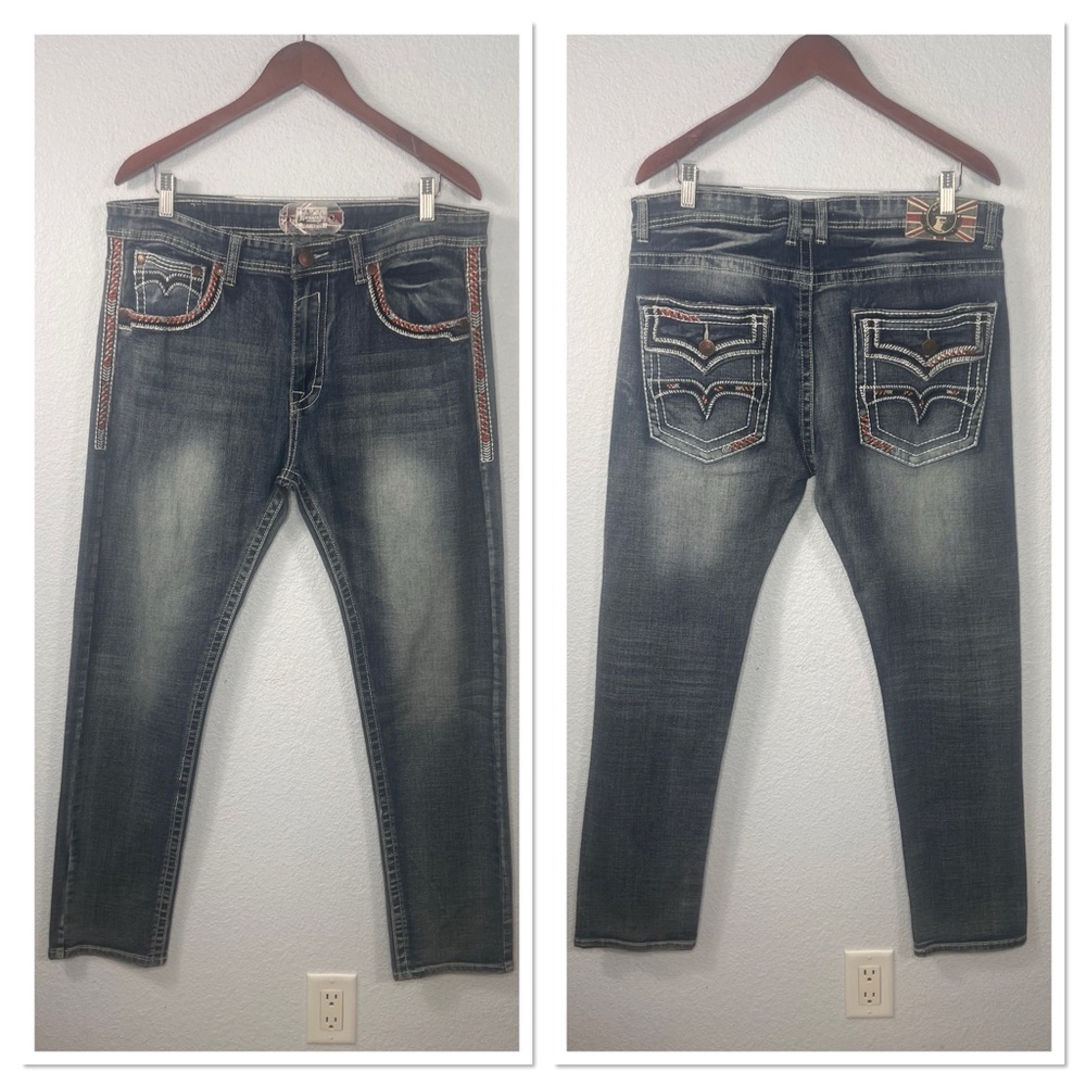 Monarchy Men’s Embroidery Trimmed Straight Jeans Sz 36 Cotton Blend